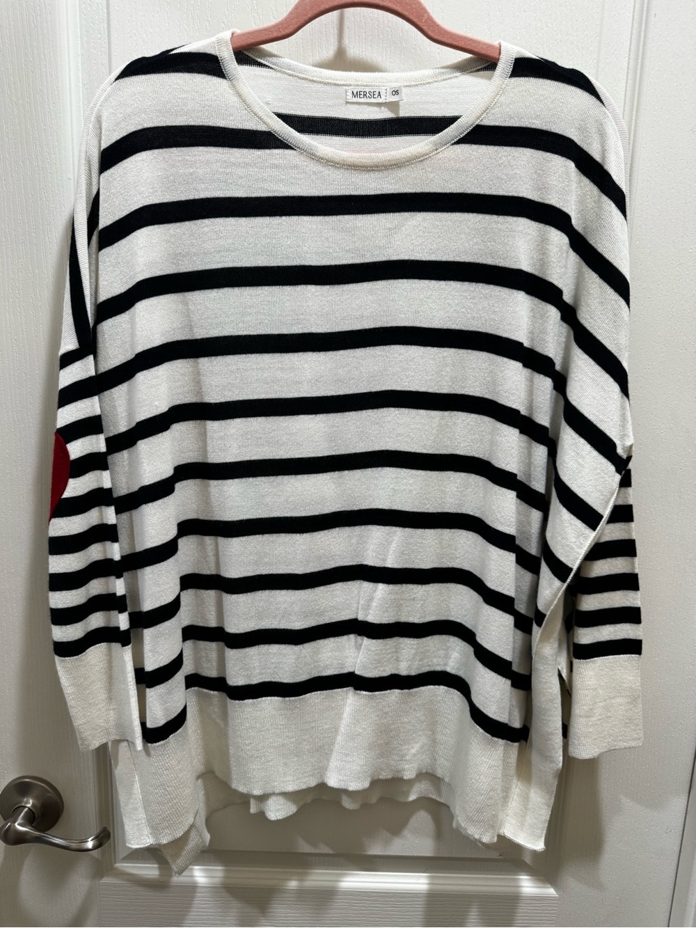 Mersea Black & White Striped Lightweight Sweater with Red Elbow Patch